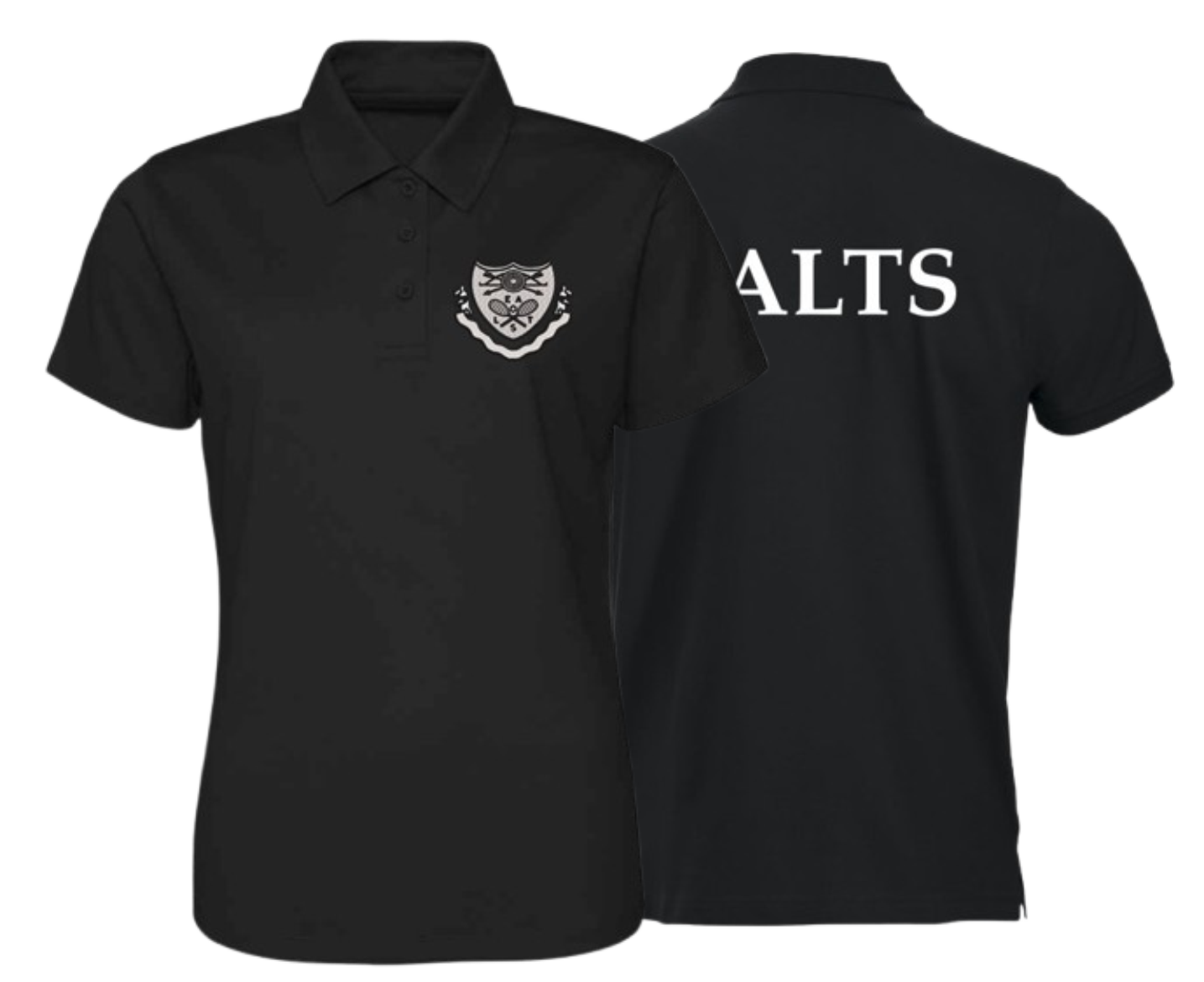 Poloyester poloshirt, with logo printed to front and print text to back